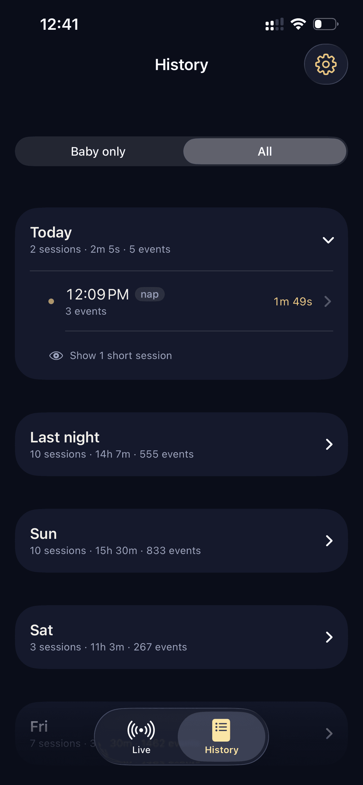History tab with weekly session list