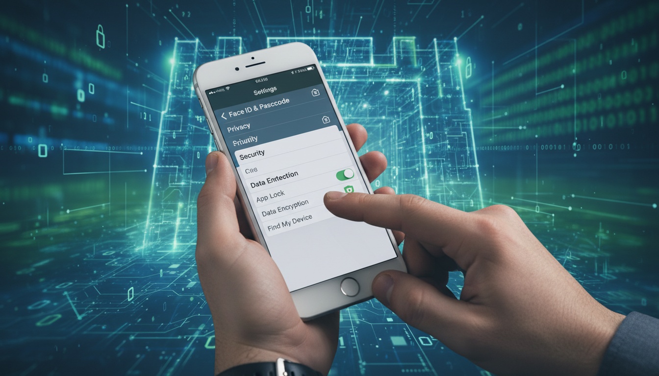 Hands holding an iPhone showing security settings menu, representing data backup and protection before selling or repurposing a device.