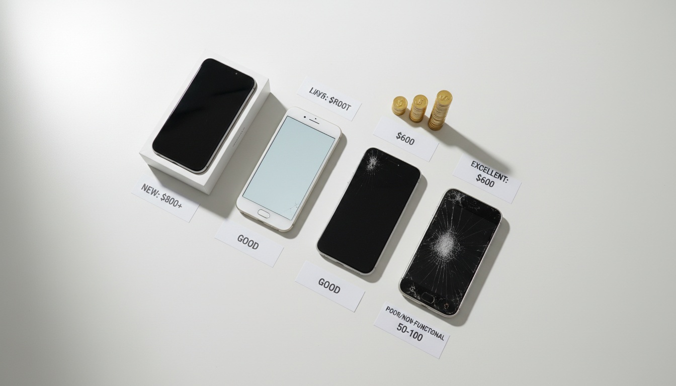 Multiple smartphones in different conditions arranged on white background, illustrating device trade-in value variations for comparison.